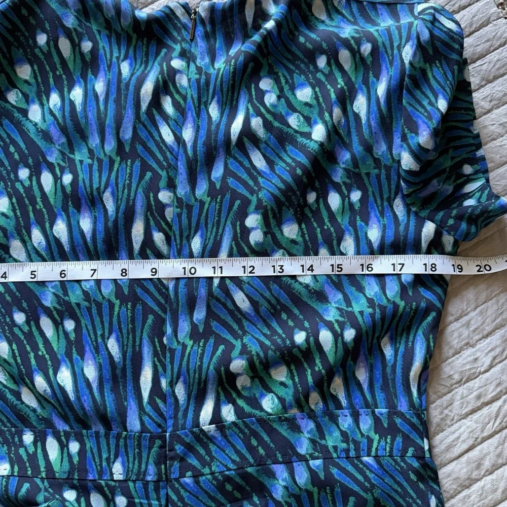Tory Burch 100% Silk Dress 12 Blue Green Watercolor Knee Length Career Lined EUC